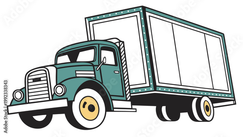Vector illustration of a classic vintage retro delivery box truck in teal color with it evokes a sense