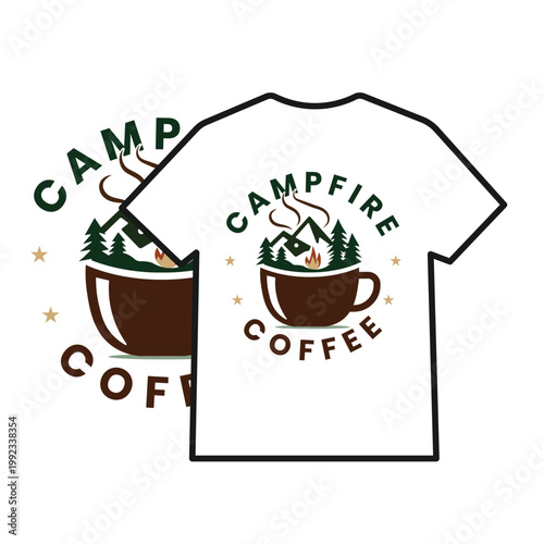 Creative Campfire Coffee T-shirt Design with Mountain Landscape and Forest Inside Coffee Cup, Outdoor Adventure Graphic Illustration