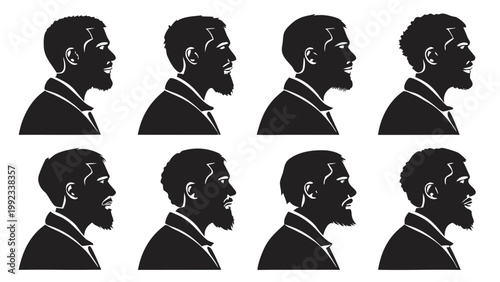 Vector illustration of various male profile silhouettes showcasing different beard and facial hair styles
