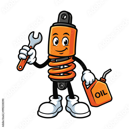 Orange shock absorber mascot character holding a wrench and an oil canister vector illustration.