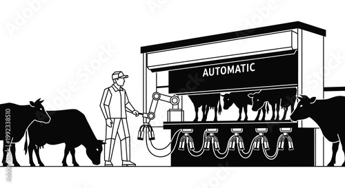 A farmer operates an automatic milking system with several cows depicted in a striking black silhouette high quality professional detailed modern