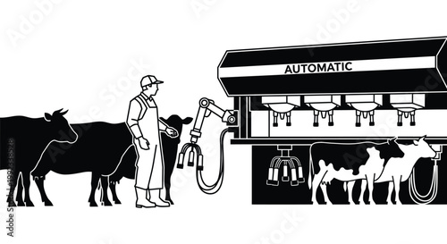 A modern dairy farm scene depicts robotic milking with cattle a worker and machinery in a stark silhouette high quality professional