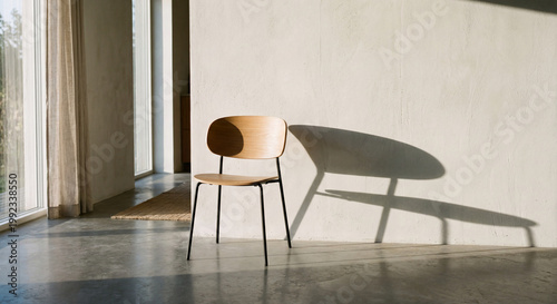 Modern minimalist interior with a sleek wooden chair under warm sunlight, casting a captivating shadow on the wall, highlighting serene design and architectural light interplay