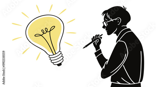 Vector illustration of a person thinking with a glowing light bulb, representing a new idea or inspiration