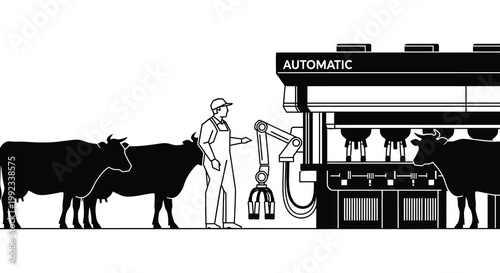 A farmer interacts with robotic milking machines alongside cows depicted in a stark black silhouette high quality professional detailed modern elegant