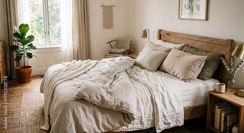 Cozy natural bedroom with a light linen duvet, wooden bed frame, and large window letting in soft daylight, creating a peaceful and serene atmosphere for relaxation