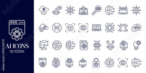 Artificial Intelligence Icon Set with AI Brain, Machine Learning, Robot, Data Network and Futuristic Technology Vector Collection