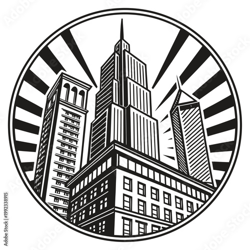 Vector illustration of a cityscape with three tall buildings inside a circular frame and sunburst, cityscape