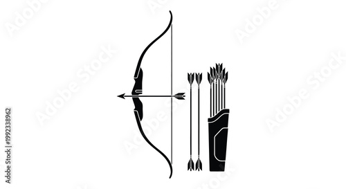 A striking black silhouette depicts a recurve bow arrows and quiver against a white background silhouette high quality professional detailed