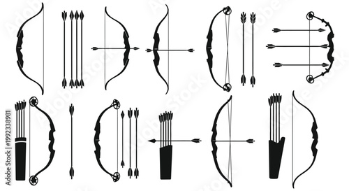 A collection of black silhouettes depicting various bows and arrows arranged in a grid like pattern silhouette high quality professional detailed modern