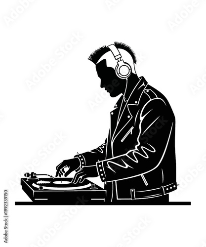 dj mixing music at turntables with headphones vector illustration