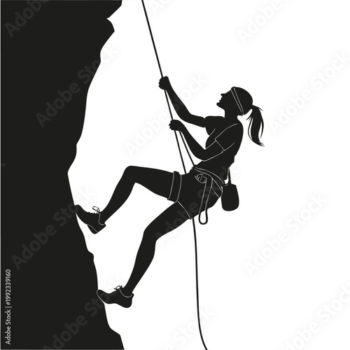 Vector illustration silhouette of a woman rappelling down a cliff face with rock climbing, extreme sports