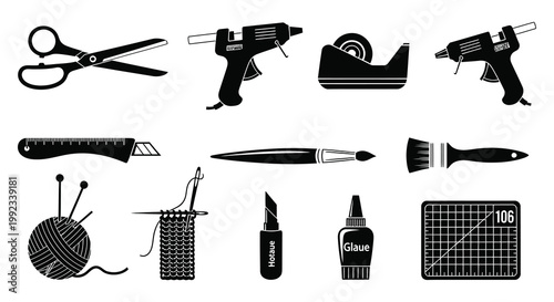 A collection of crafting tools including scissors glue guns and knitting supplies presented in black silhouette high quality professional detailed modern