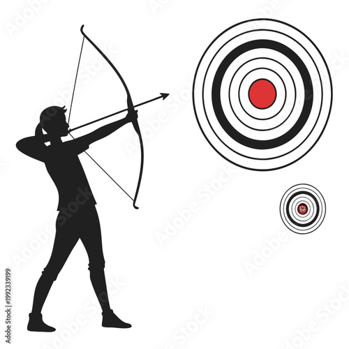 Vector illustration silhouette of a person aiming a bow and arrow at targets with silhouette, shooting