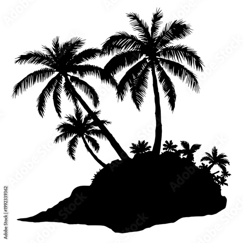 Tropical island silhouette with palm trees and lush vegetation, black vector illustration isolated on white background, summer beach vacation and exotic travel concept