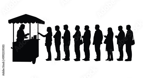 A long queue of people waits to be served at a vendor s stall depicted as a striking silhouette high quality professional