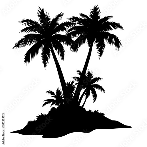 Tropical palm trees silhouette on a small island, black vector illustration of coconut trees isolated on white background, summer vacation and beach travel concept for design