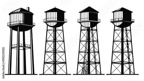 Vector illustration of four vintage water towers on metal stands with industrial structure framework