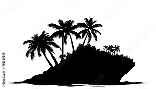 Tropical island silhouette with palm trees and rocky coastline, black vector illustration isolated on white background, summer beach vacation and exotic travel concept