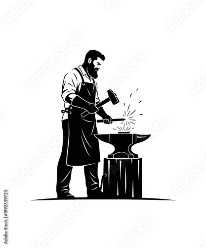 blacksmith forging metal with sparks vector illustration flat design