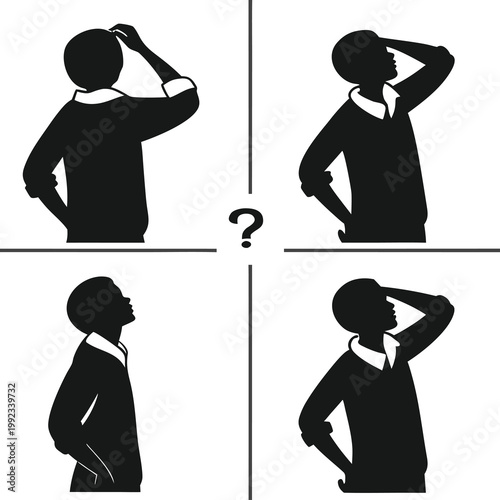 Vector illustration of a man's silhouette in multiple panels showing confusion and contemplation with thinking