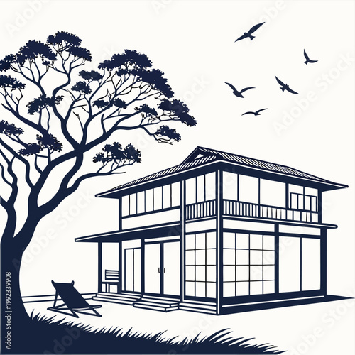 Vector illustration of a modern house with a large tree and deck chair, birds fly overhead, and a deck chair