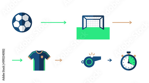 Soccer infographic elements with ball, goal, jersey, whistle, stopwatch