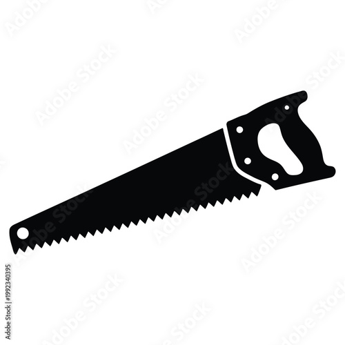 A stark black silhouette depicts a traditional hand saw showcasing its distinct shape and form silhouette
