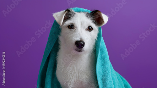 Small white dog with black markings wrapped in a turquoise towel against a vibrant purple background, showcasing a playful and cozy appearance