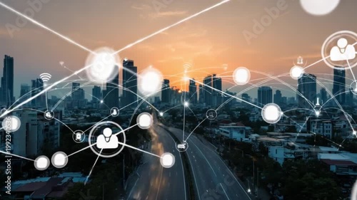 Sunrise over a city skyline connected by glowing data network links