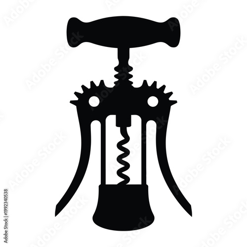 A striking black silhouette depicts a classic winged corkscrew a tool for opening wine bottles silhouette