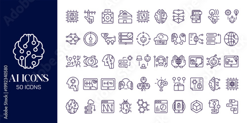 Artificial Intelligence Icon Set with AI Brain, Machine Learning, Robot, Data Network and Futuristic Technology Vector Collection