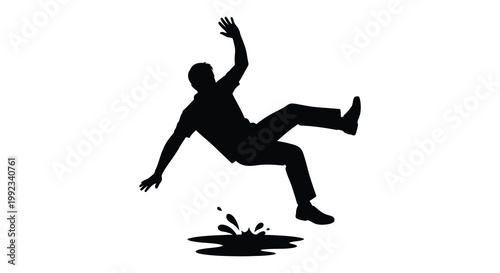 A dark silhouette of a person falling forward appearing to slip on a wet surface creating a dramatic silhouette high quality