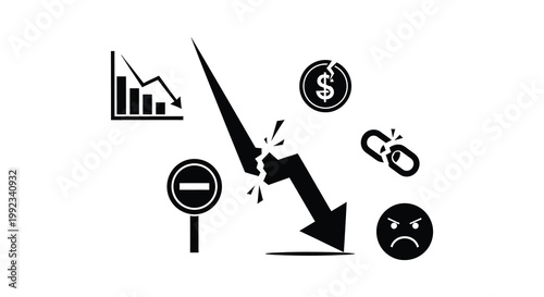 Financial crisis depicted through stark black icons showing loss decline and negative impact a dramatic silhouette high quality professional detailed