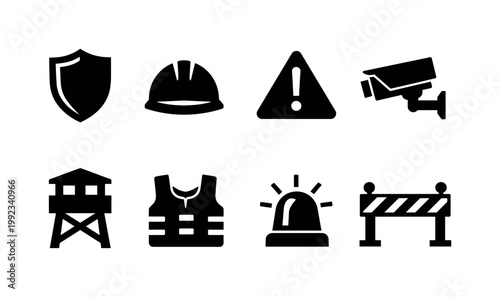 Defense and protection: shield badge, security helmet, warning triangle, surveillance camera, guard tower, protective vest, emergency siren, safety barrier.