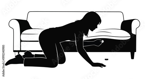A woman on her hands and knees searching under a sofa depicted in a striking black silhouette high quality professional detailed