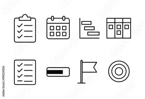 Project management basics: clipboard checklist, calendar, timeline chart, kanban board, task list, progress bar, flag marker, target.