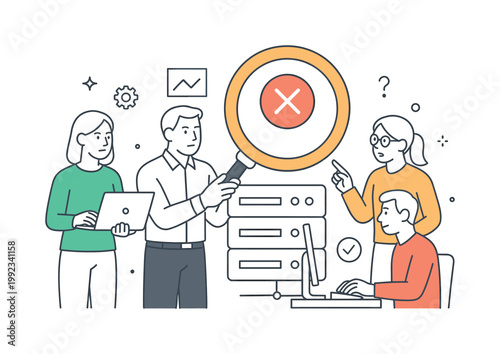 A system diagnostics and performance analysis scene showing a small team examining operations around a large magnifying glass and a server icon, using a clean visual