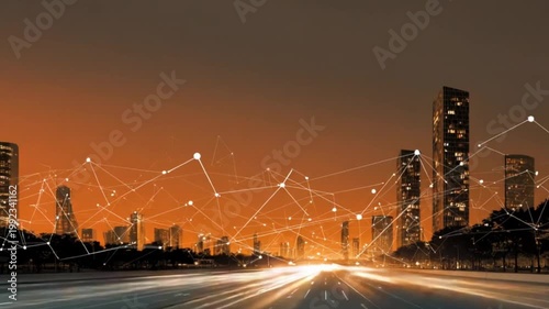 Cityscape at dusk with light trails and connected dots, glowing orange and brown hues