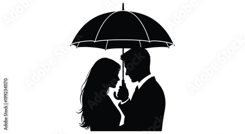 A couple stands closely under an umbrella heads bowed in a tender moment depicted as a striking silhouette high quality professional