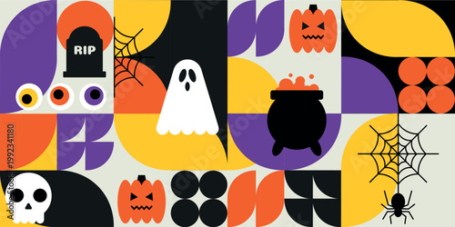 Trendy Halloween Illustration with Ghost Skull Pumpkin and Spider Web Pattern