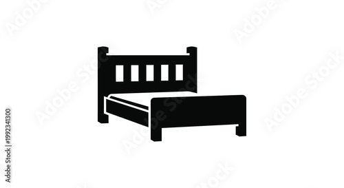 A simple black outline depicts a classic bed frame with a headboard and mattress creating a bold silhouette