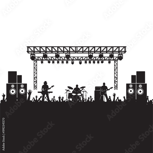 Silhouette of a rock band performing on stage with speakers and lighting at a music concert vector illustration