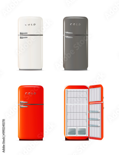 Modern fridges. Realistic coolers, refrigerators for home or restaurant kitchen and cold products storage. 3d Vector