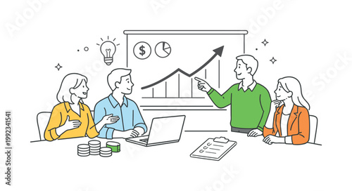 Financial discussion investment planning scenario showing individuals evaluating financial opportunities and risks together, with a presentation screen and a single