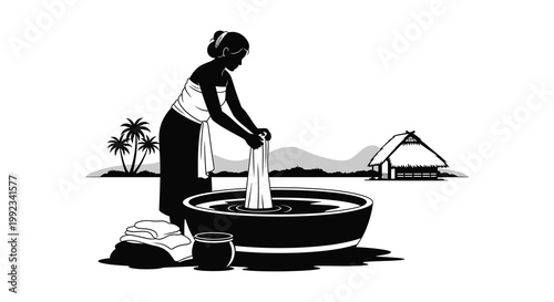 A woman washes clothes in a stone basin near traditional houses depicted in a striking silhouette high quality professional detailed modern