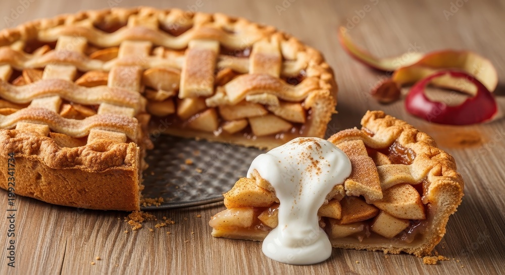 Fototapeta premium a delicious homemade apple pie with a slice cut out on wooden table with whipped cream on top and fr