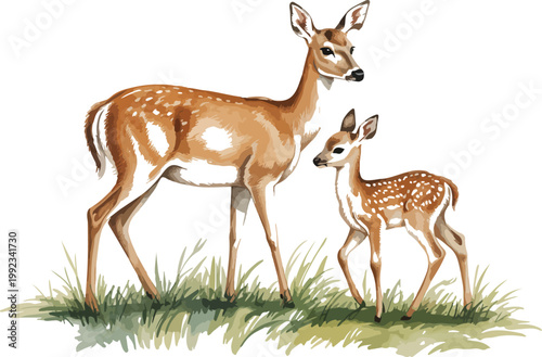 Cute watercolor deer family in forest with mother and fawn woodland animal clipart for nursery and baby design