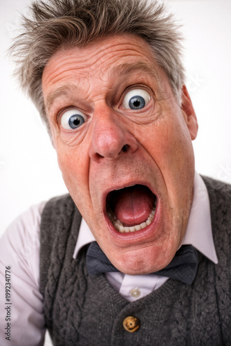 Konzeptbild: Mann im Panikmodus mit weit aufgerissenen blauen Augen