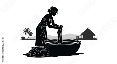 A woman washes clothes in a basin outdoors with traditional housing and palm trees presented as a silhouette high quality professional